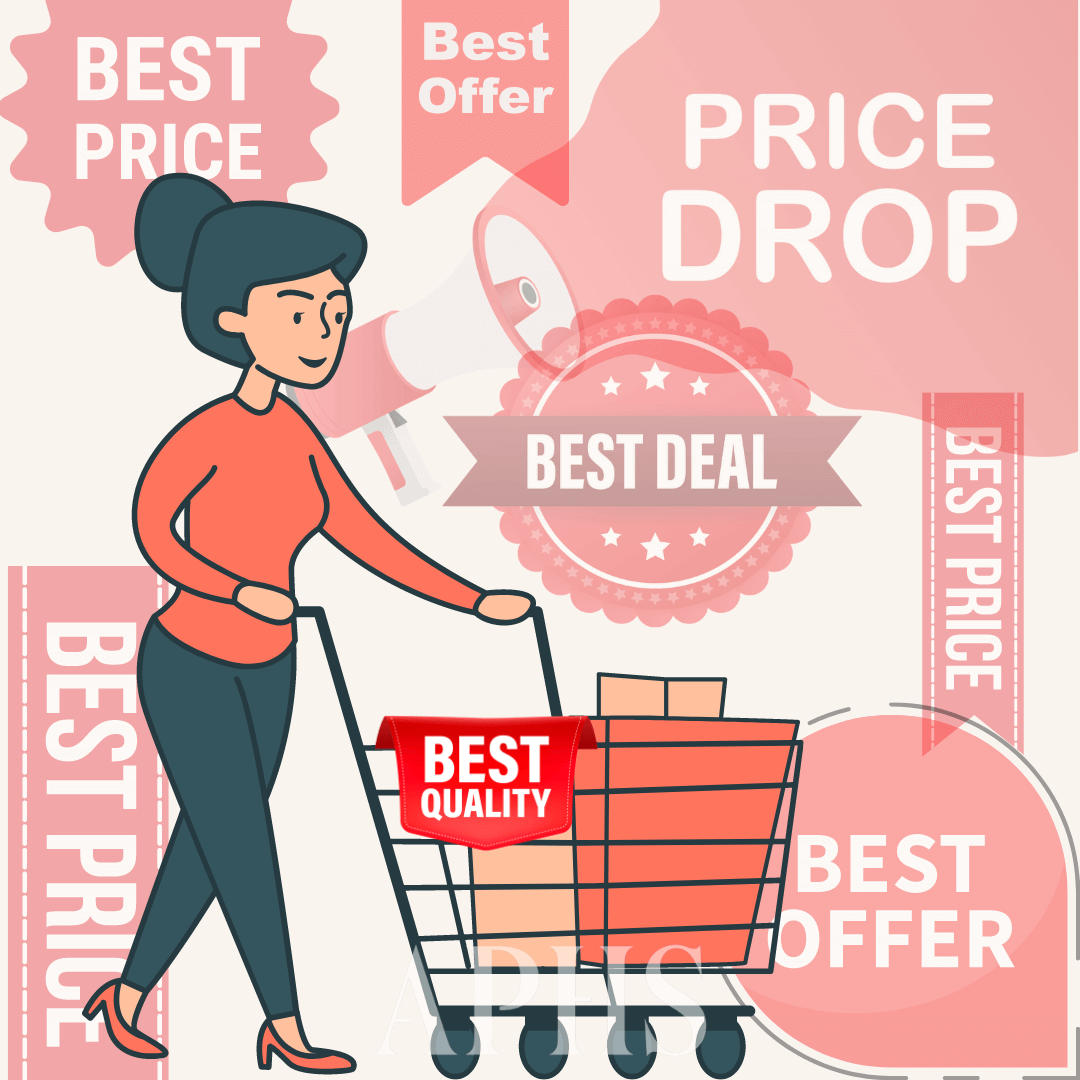 Woman shopping with lots of signs saying 'best price' around her, but she has 'best quality' in her cart.